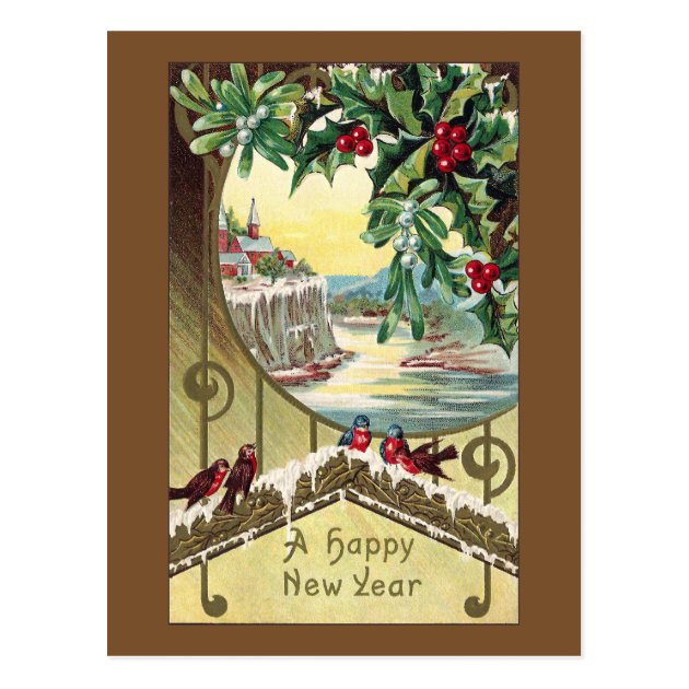 Birds Beneath Holly And Mistletoe Vintage New Year Postcard