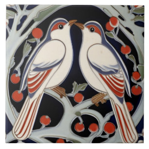 Birds & Berries Art Nouveau Red Bird Art Deco Ceramic Tile
