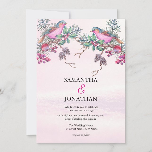 Birds & Berries Pinecone Watercolor Winter Wedding Invitation (Front)
