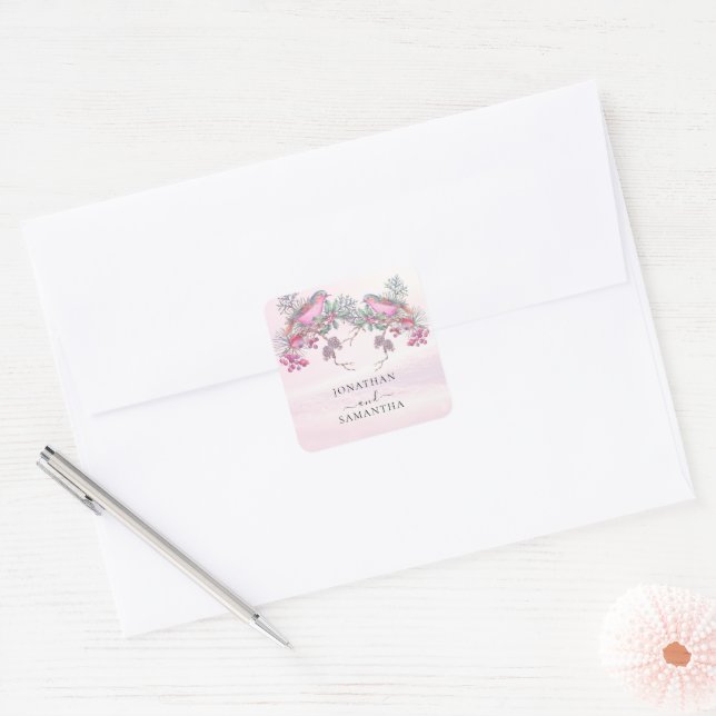 Birds & Berries Pinecone Watercolor Winter Wedding Square Sticker (Envelope)