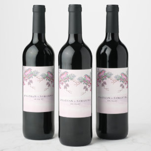 Birds & Berries Pinecone Watercolor Winter Wedding Wine Label