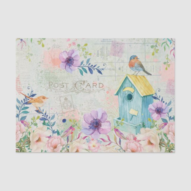 Birds, Birdhouse, Text, and Florals Collage Tissue Paper (Front)