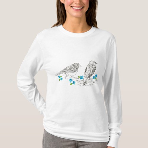 Birds Blue Flowers Nature Drawing T_Shirt