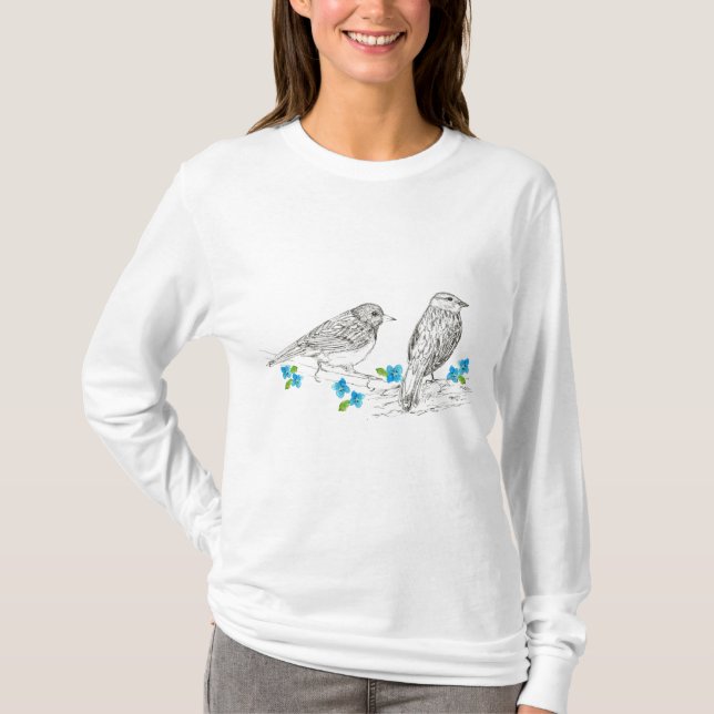 Birds Blue Flowers Nature Drawing T-Shirt (Front)