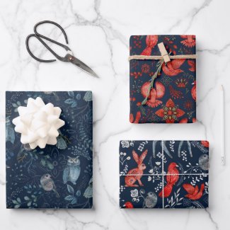 Birds Botanical Woodland Animals Blue Red Pattern