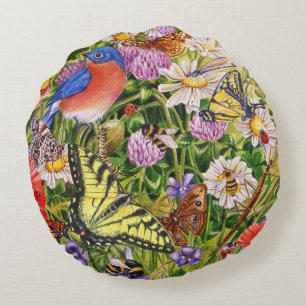 Birds, Butterflies and Bees Round Pillow