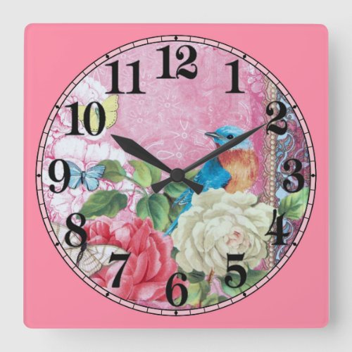 Birds Butterflies and Flowers Square Wall Clock