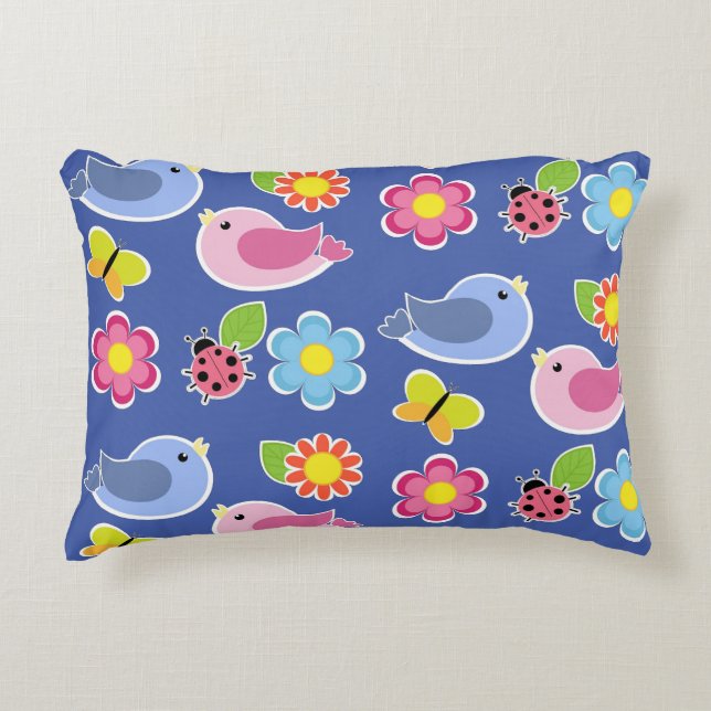 Birds, Butterflies and Ladybugs Flower Garden Blue Accent Pillow (Front)