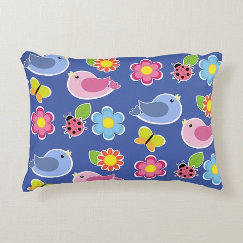 Birds Butterflies and Ladybugs Flower Garden Blue Accent Pillow