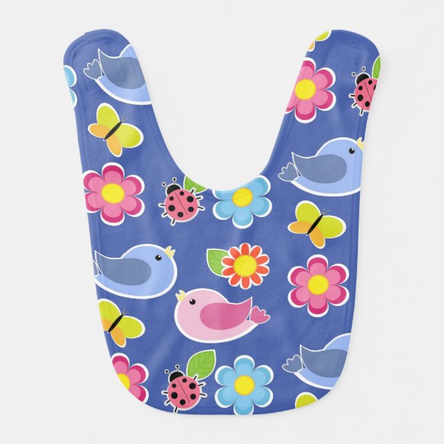 Birds, Butterflies and Ladybugs Flower Garden Blue Baby Bib (Front)