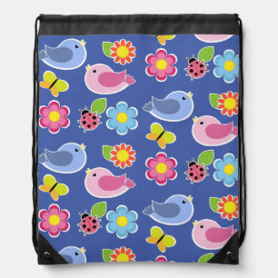Birds, Butterflies, Ladybugs Flower Pattern Drawstring Bag
