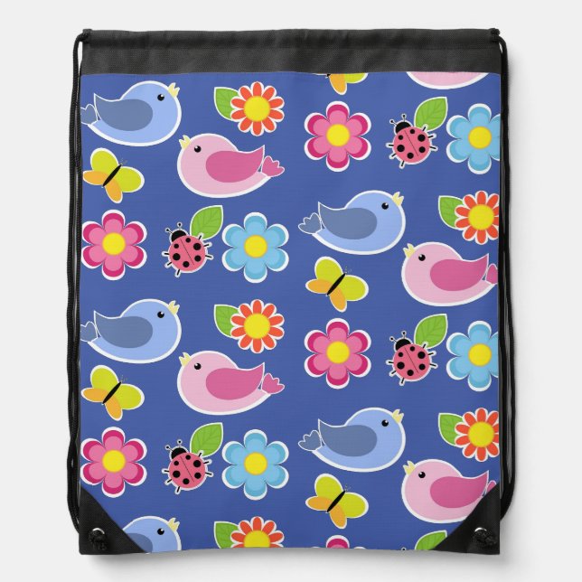 Birds, Butterflies, Ladybugs Flower Pattern Drawstring Bag (Front)