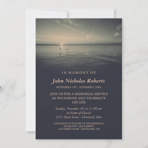 Birds by Ocean Sunrise  Charcoal Memorial Service Invitation