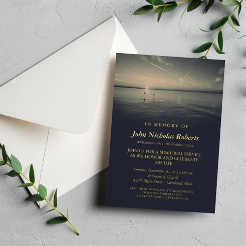 Birds by Ocean Sunrise Memorial Service Gold Foil Invitation