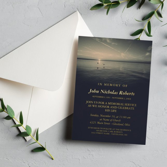 Birds by Ocean Sunrise Memorial Service Gold Foil Invitation (Creator Uploaded)