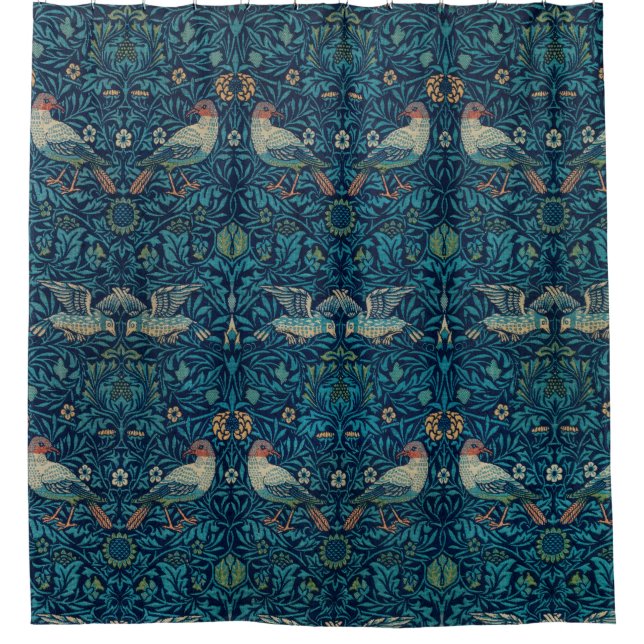 "Birds" by William Morris Blue Pattern  Shower Curtain (Front)