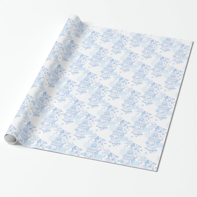 Birds cage aqua blue patterned wedding wrap wrapping paper (Unrolled)