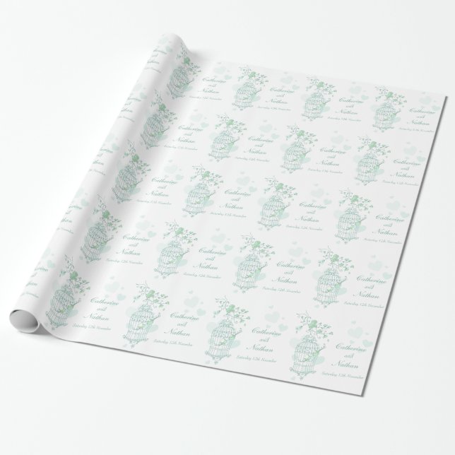 Birds cage green and white wedding custom wrap wrapping paper (Unrolled)