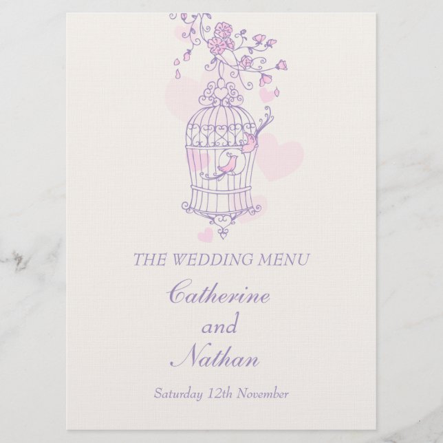 Birds cage purple pink large wedding dinner menu (Front)