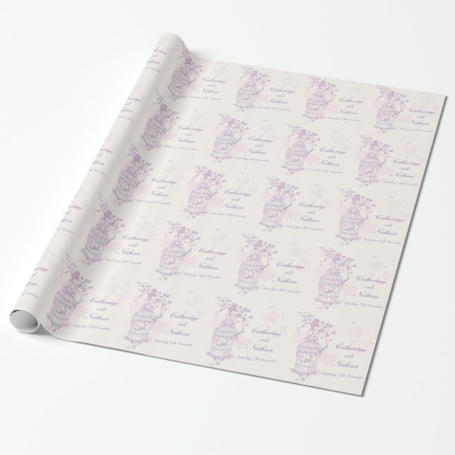 Birds cage purple pink wedding custom wrap wrapping paper (Unrolled)