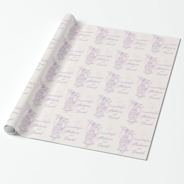 Birds cage purple pink wedding custom wrap wrapping paper (Unrolled)