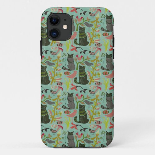 Birds Cats And Flowers Retro Small Pattern iPhone 11 Case