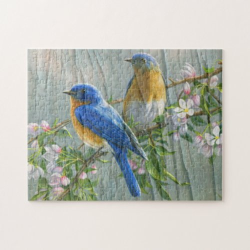 Birds Cherry Blossom Wood Pattern Watercolor Art Jigsaw Puzzle