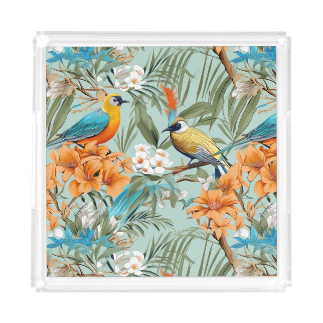Birds Chinoiserie Mint Orange Acrylic Tray (Front)