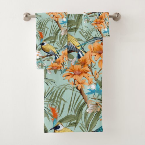 Birds Chinoiserie Mint Orange Bath Towel Set