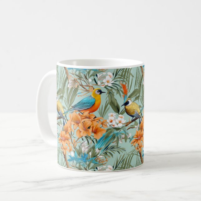Birds Chinoiserie Mint Orange Coffee Mug (Front Left)