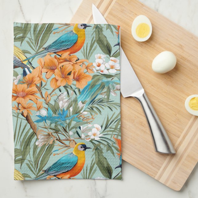Birds Chinoiserie Mint Orange Kitchen Towel (Quarter Fold)