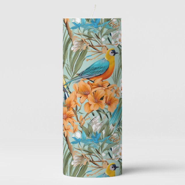 Birds Chinoiserie Mint Orange Pillar Candle (Front)