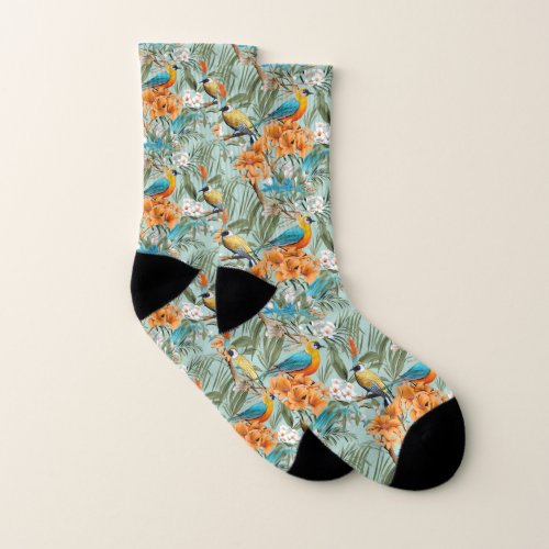 Birds Chinoiserie Mint Orange Socks