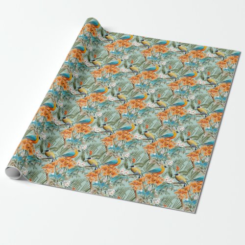 Birds Chinoiserie Mint Orange Wrapping Paper