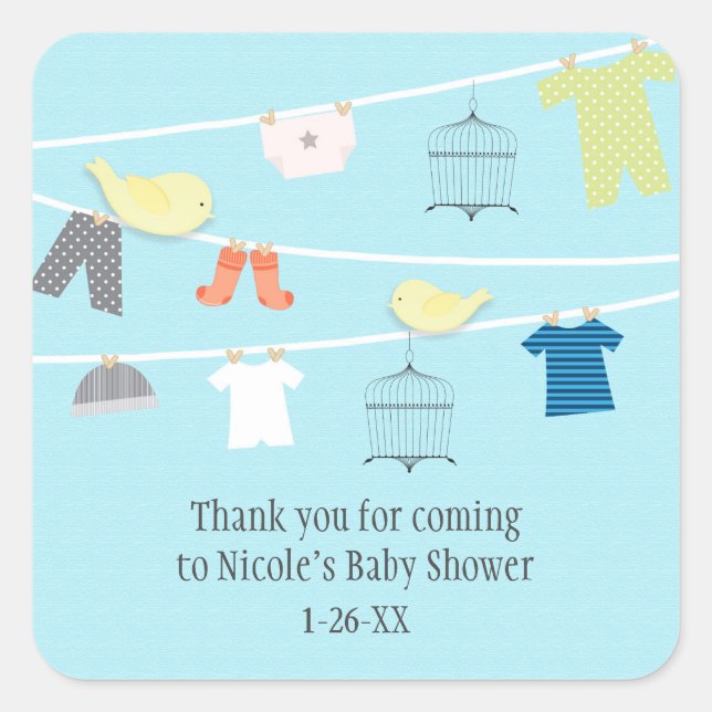 Birds & Clothes on Wire Baby Shower Favor Stickers (Front)