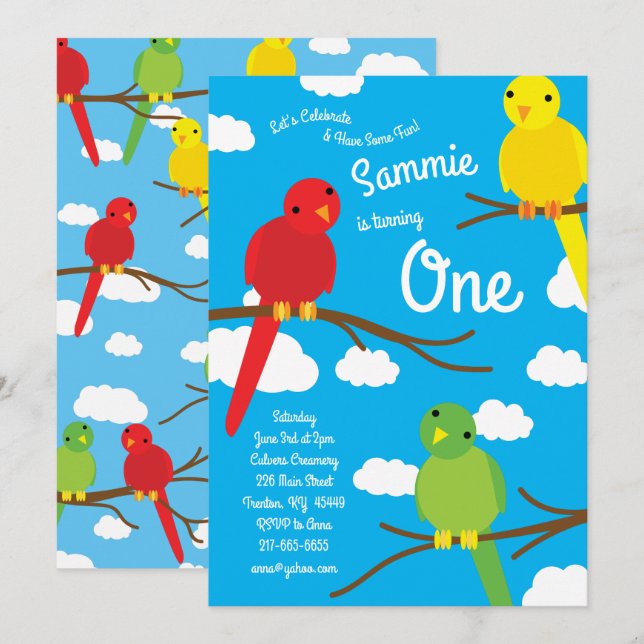 Birds Colorful 1st Birthday Invitations (Front/Back)
