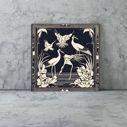Birds Cranes Black and White Art Deco Nouveau Ceramic Tile