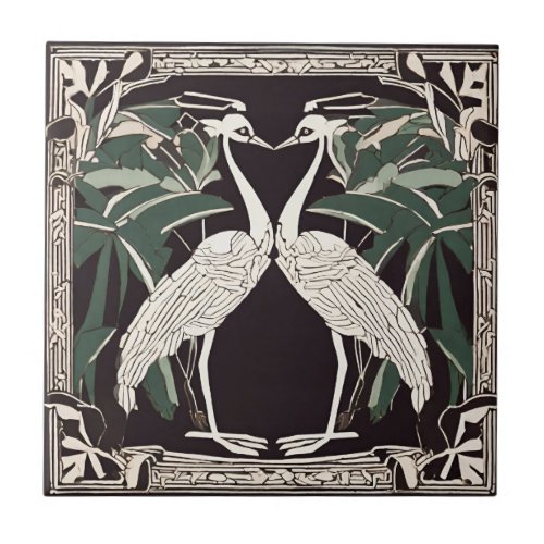Birds Cranes Family Art Deco Nouveau Decorative Ceramic Tile