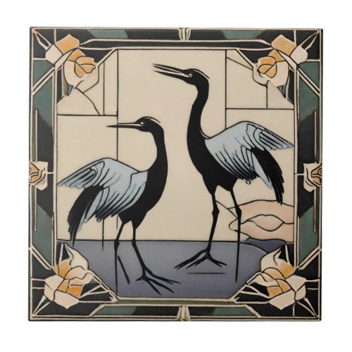 Birds Cranes Flowers Art Deco Nouveau Decorative Ceramic Tile
