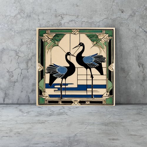 Birds Cranes in Lake Art Deco Art Nouveau Ceramic Tile