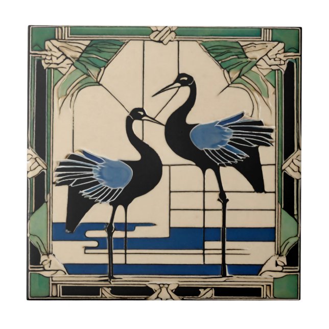 Birds Cranes in Lake Green Art Deco Art Nouveau Ceramic Tile (Front)