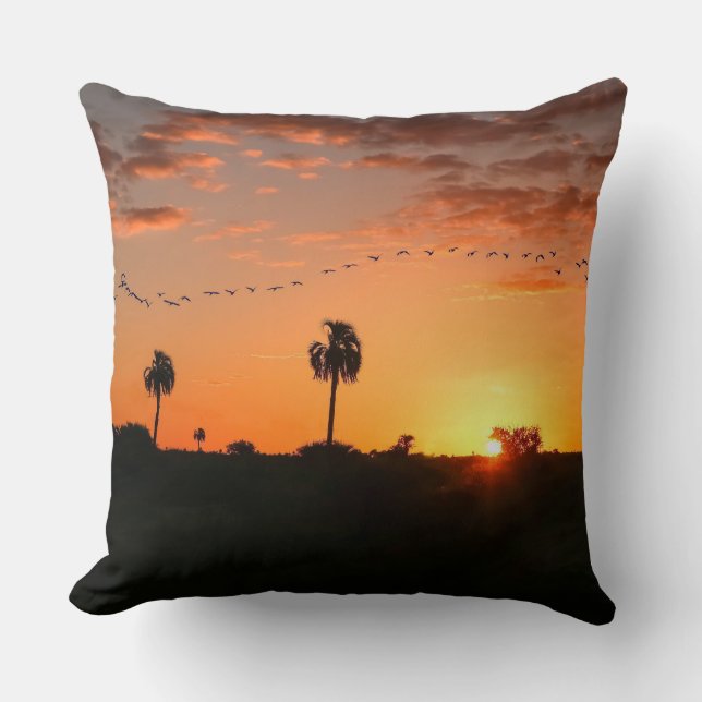 Birds crossing at sunset throw pillow (Front)