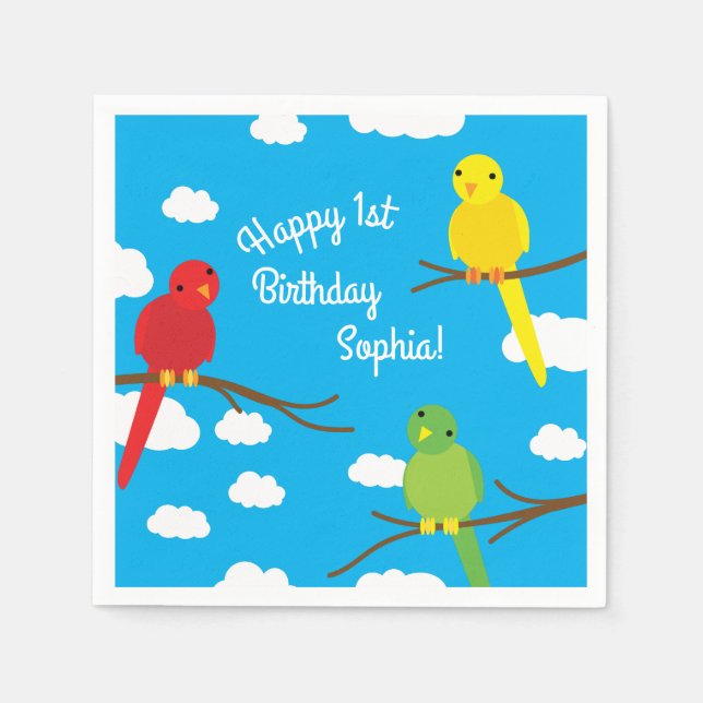 Birds Cute Colorful Spring 1st Birthday Napkins (Front)