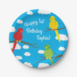Birds Cute Colorful Spring 1st Birthday Paper Plates