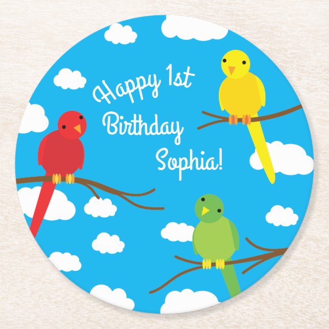 Birds Cute Colorful Spring 1st Birthday Round Paper Coaster (Front)