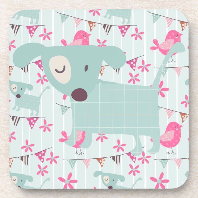 Birds, Dogs, Banners, Flowers Beverage Coaster (Front)