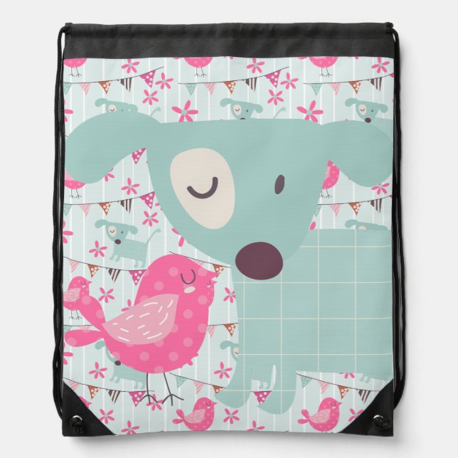 Birds, Dogs, Banners, Flowers Drawstring Bag (Front)