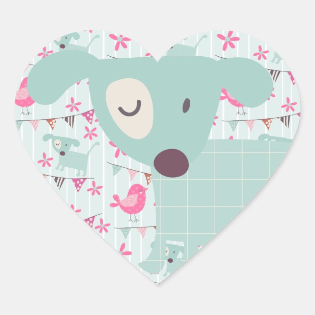 Birds, Dogs, Banners, Flowers Heart Sticker (Front)