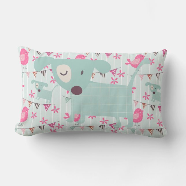 Birds, Dogs, Banners, Flowers Lumbar Pillow (Front)