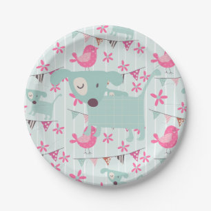 Birds, Dogs, Banners, Flowers Paper Plates